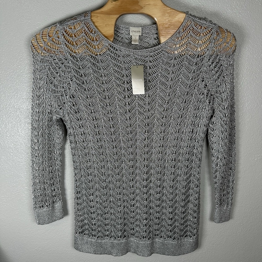 NEW Chicos Shine Open Stitch Theodora Pullover Sweater Size 3/XL Silver Metallic